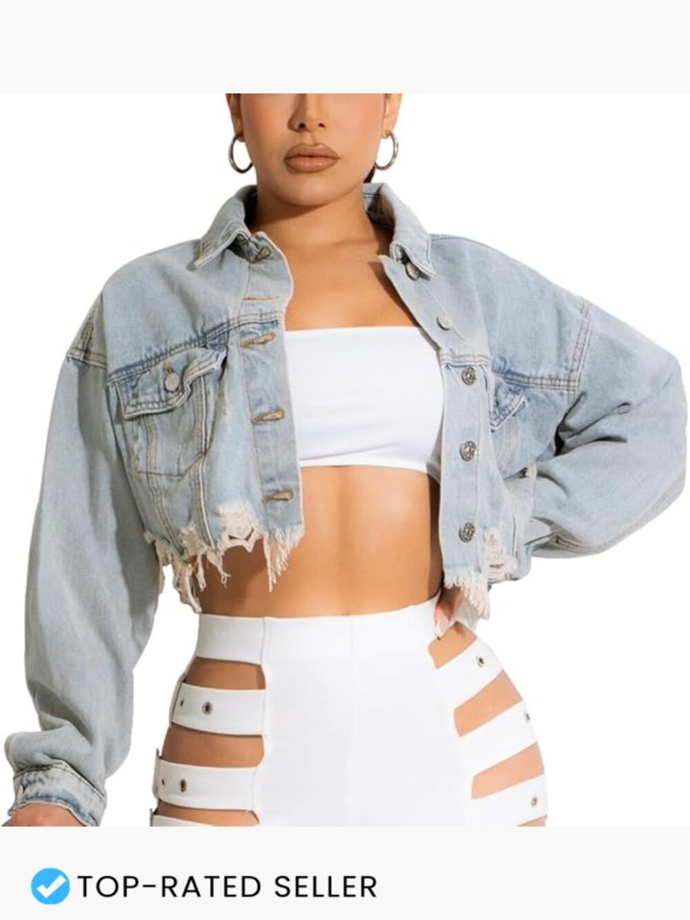 Women Cropped Denim Jacket Distressed Ripped Frayed Hem Casual Button Up Long